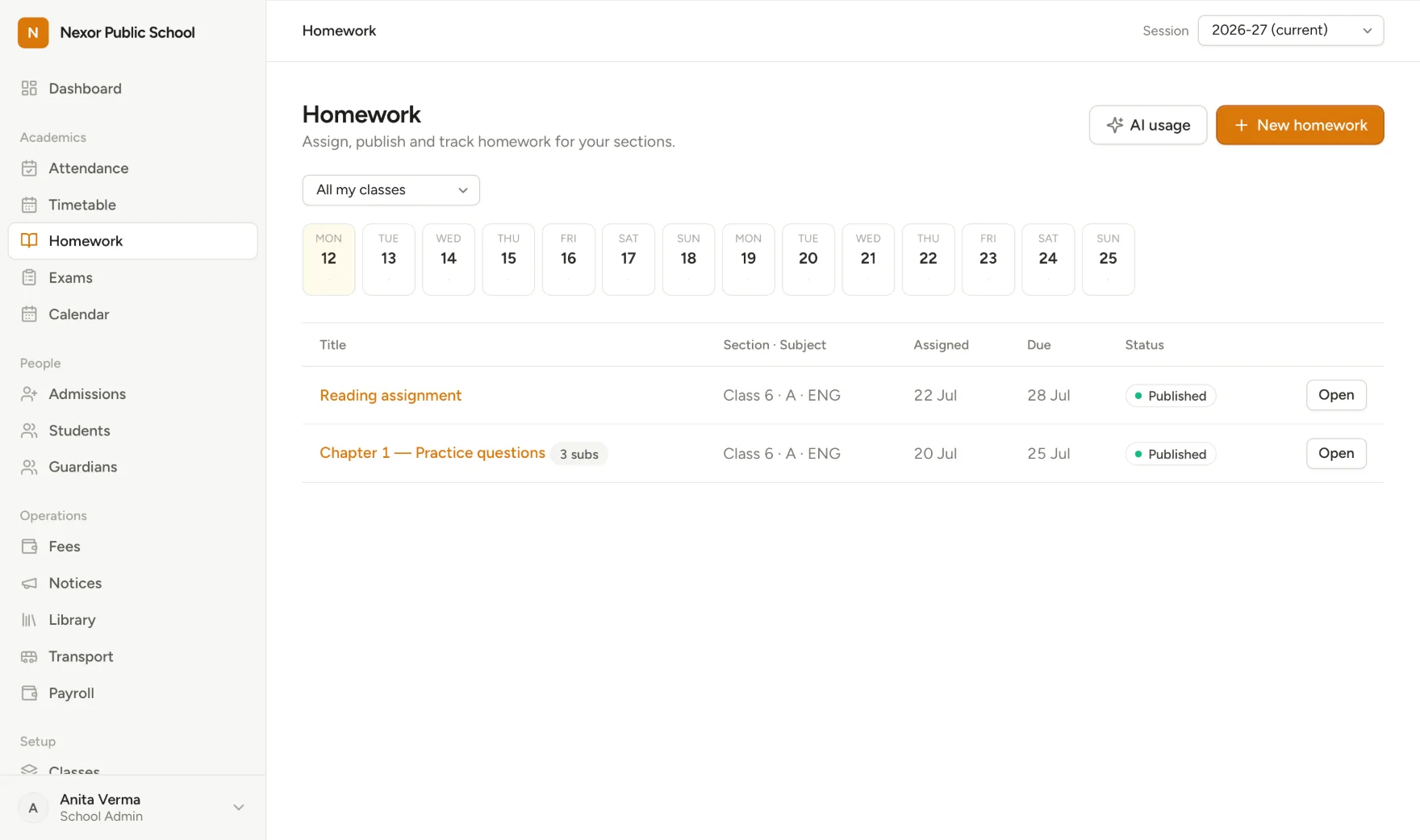 The homework planner with a week of due dates and published assignments